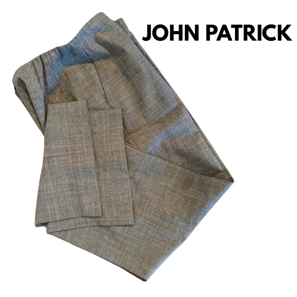 John Patrick High Rise Wide Leg Tan Plaid Virgin Wool Flat Front Trousers 8 EUC